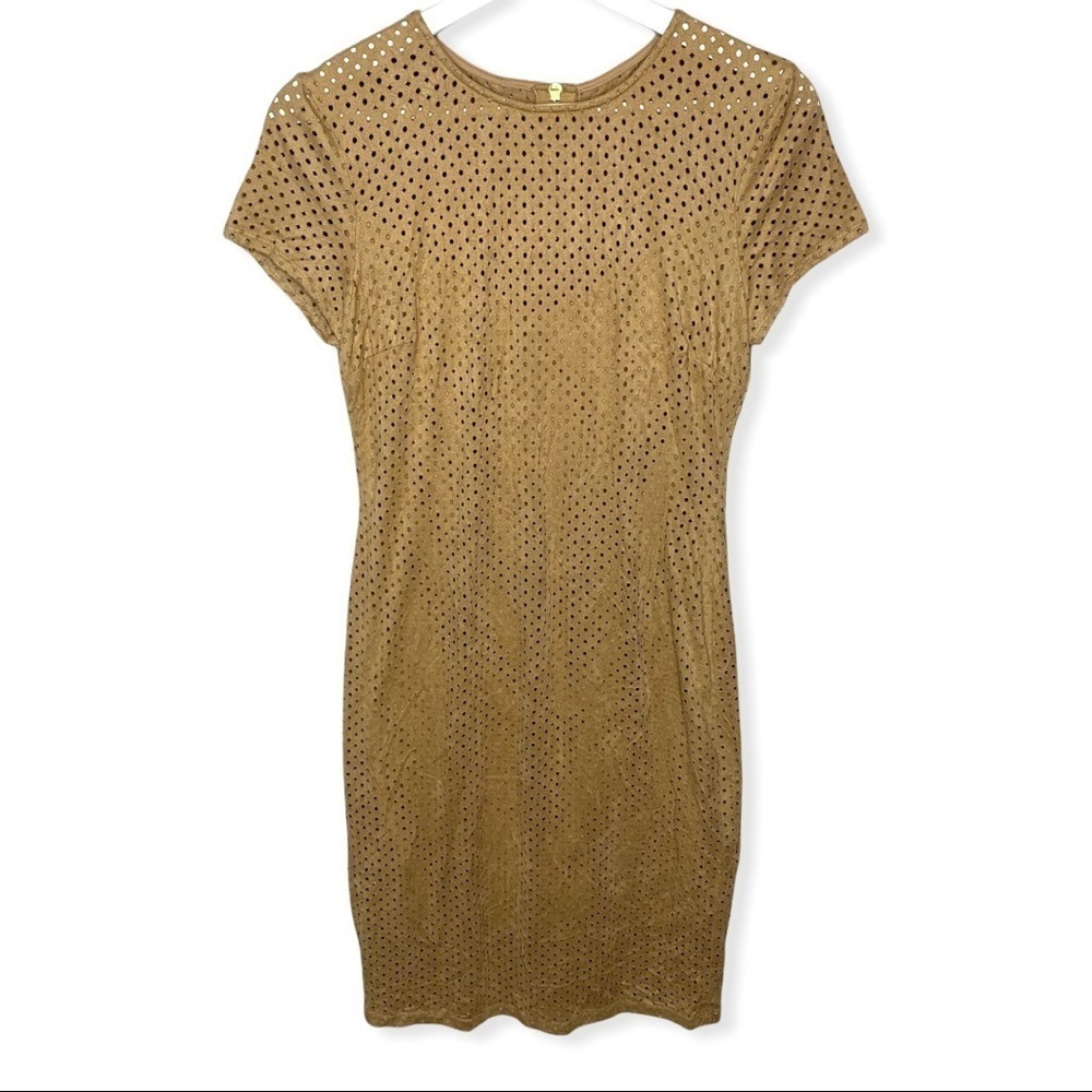 Bisou Bisou Nude Camel Faux Suede Laser Cut Mini Dress Size 6